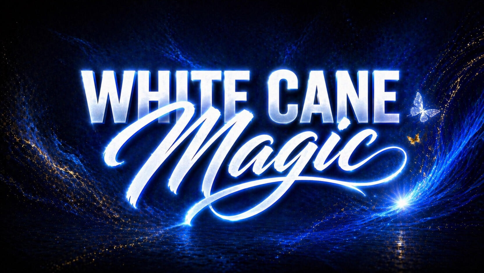📷 ID: “The words ‘White Cane Magic’ appear in glowing electric blue script across a dark, starry background, with light streaks resembling reflections on water. The design feels bold, luminous, and cinematic.