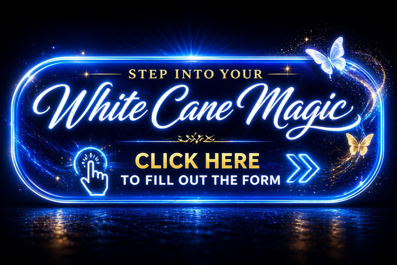 📷 ID: White Cane Magic logo in glowing white script on a textured blue background with light effects and sparkles.